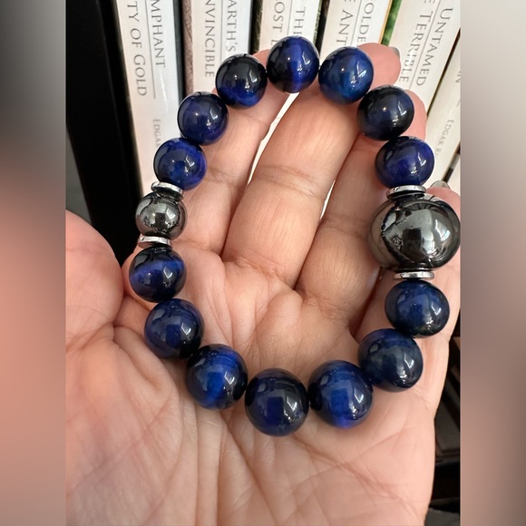 DARK BLUE TIGERS EYE + HEMATITE NATURAL STONES BRACELET size 7” - Picture 11 of 11